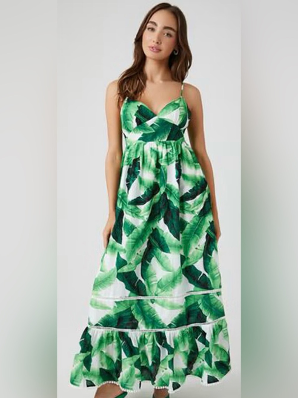 Forever 21 Tropical Palm Leaf Maxi Dress Size Medium Green Hawaiian Resort Dress
